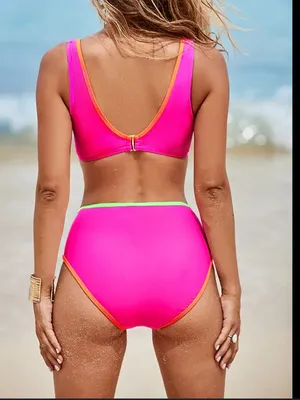 Cupshe Neon Colorblock Bikini Top and High Waisted Bottoms Size L NWT thumbnail 11