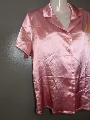 Ekouaer Pajama Top Womens Medium Pink Satin Button Front Short Sleeve Sleep thumbnail 3