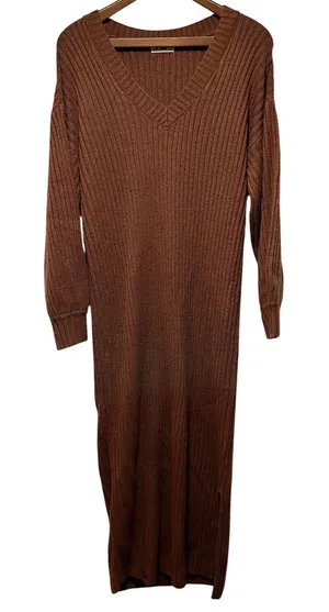 in loom women's sweater dress size M‎ brown v-neck acrylic knit long sleeve thumbnail 1