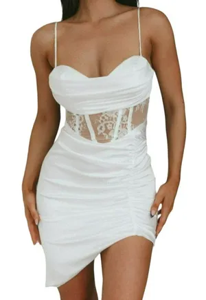 One and Only Collective Corset Style Lace Inset Mini Dress White Size Large NWT thumbnail 1
