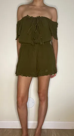 Free People olive green eyelet romper thumbnail 1