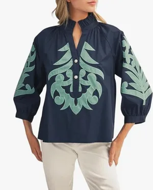Amazon Womens Baroque Applique Blouses Ruffled V-Neck 3/4 Puff Sleeves Top Floral Embroidered Button Down Shirt thumbnail 1