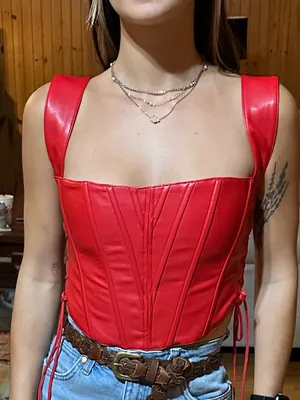 Red Faux Leather Corset Crop Top with Wide Straps thumbnail 1