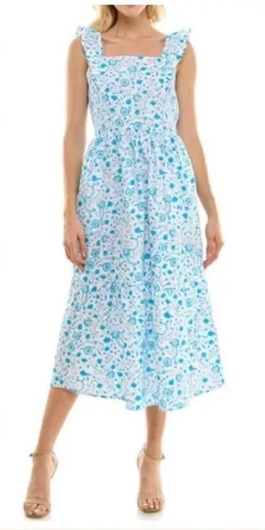 Draper James Ladies Ruffle Sleeve Cotton Dress Size Small Blue Paisely Cottage thumbnail 1