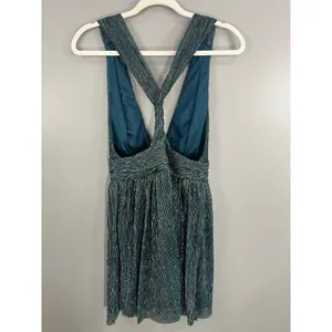 Lulus Mini Dress Womens Size M Teal Blue Silver Metallic Pleated V-Neck Great thumbnail 4