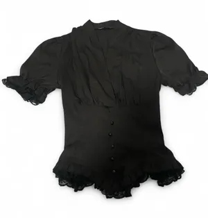 Black ruffle blouse with a lace up corset back thumbnail 1