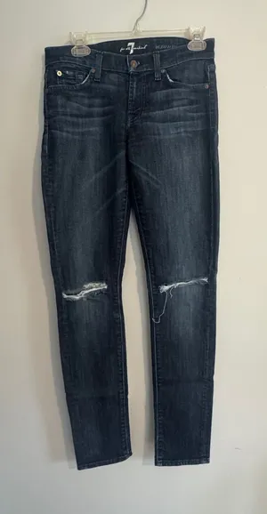 7 For All Mankind Roxanne Dark Blue Distressed Straight Leg Jeans- 27 thumbnail 1