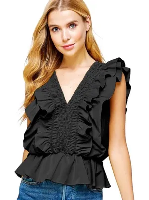 Entro Black Ruffled Peplum Top V-Neck Smocked Pleated‎ Blouse Size Large Chic thumbnail 1