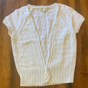 Jones New York Cardigan Medium White Eyelet Knit Sweater Button Waist 100%Cotton thumbnail 1