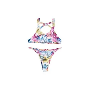 MegLiz Swimwear‎ Pink Blue Tropical Palm Tree Strappy Bikini Size Small thumbnail 2