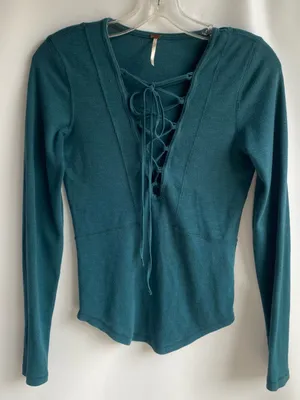 Free People teal knit long sleeve lace up V neck tee top retro Y2K boho peasant thumbnail 2
