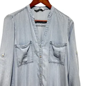 Zara Women Cottagecore Boho Tunic Dress M Chambray Denim Ruffle Hem Drop Waist thumbnail 3