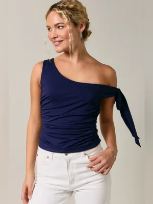 Le Lis Navy Off Shoulder Tie Strap Ruched Side Tank Top XS thumbnail 4