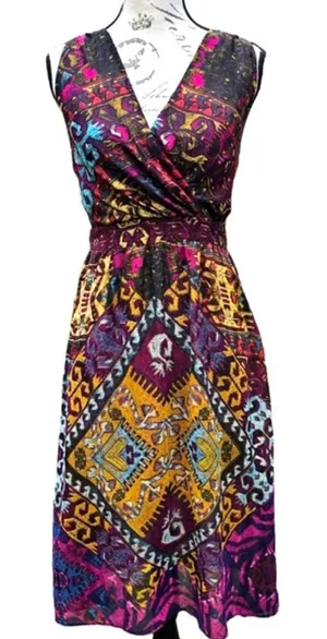 Addie Multicolor Vibrant Open Back Lace Up‎ V-Neck Sleeveless Midi Dress Size S thumbnail 1