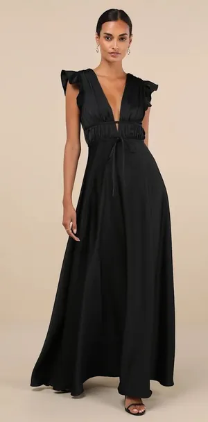 Lulus NWT I'm‎ All Yours Black Satin Cutout Ruffled Maxi Dress Size Small thumbnail 1