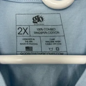 New glo 2X Jesus Saves dusty blue T shirt God’s love overcomes thumbnail 3