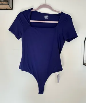 NEW‎ Mangopop Square Neck Short Sleeve Thong Bodysuit Size Large thumbnail 1