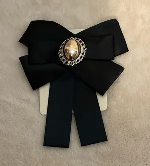 Black Ribbon Bow Brooch with Silver-Tone Center thumbnail 1