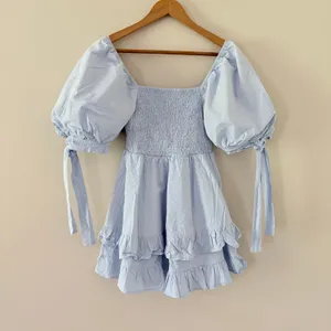 Showpo Chelle Shirred Mini Dress Tie Sleeve 8 Ice Blue Smocked Ruffle Cotton thumbnail 7