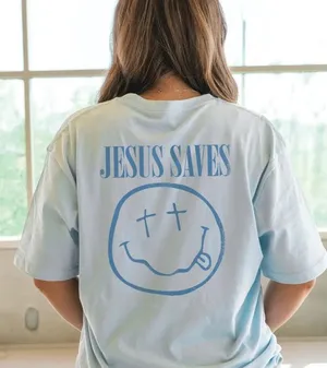 New glo 2X Jesus Saves dusty blue T shirt God’s love overcomes thumbnail 1