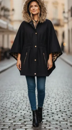 Moda International Hooded Wool Blendd Cape Coat Poncho thumbnail 1