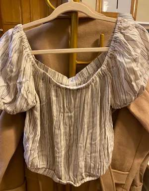 American Eagle Outfitters Ivory White Gray Striped Blouse thumbnail 3