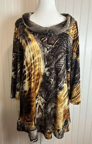 Susan Grave women Multicolor Animal Print Cowl Neck Tunic Size S Asymetrical thumbnail 1