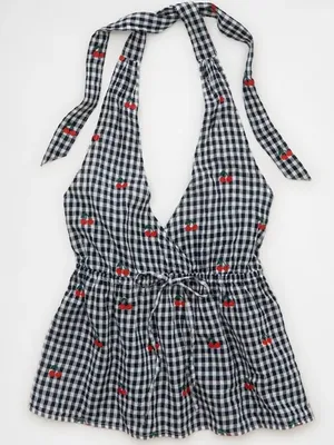 American Eagle Cherry Gingham Halter Peplum Top XS Embroidered Babydoll Y2K thumbnail 2
