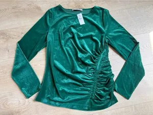 NWT Loft velvet velour green side cinch long sleeve blouse dressy soft size L thumbnail 1