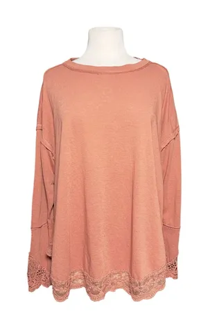 EASEL Women’s Boho Burnt Orange Lace Trim Long Sleeve Knit Top thumbnail 1