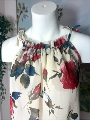 Womens Off White Floral Tank Top Blouse Large Sheer Sleeveless Boho Flow thumbnail 4