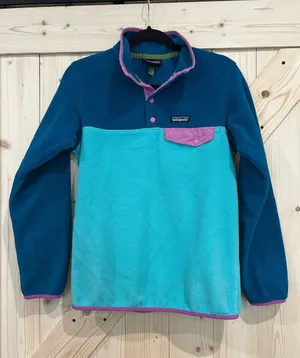 Patagonia Teal & Aqua Fleece Snap Pullover with Pink Trim thumbnail 1