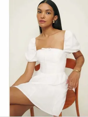 NWT Reformation MALVINA LINEN Puff Sleeve Mini DRESS 10, WHITE thumbnail 5