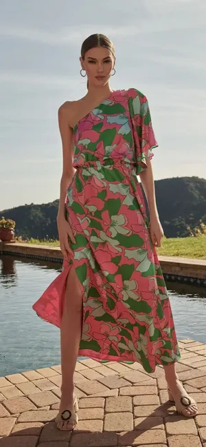 NWT SugarLips Large Pitaya Berry‎ Meara One Shoulder Satin Maxi Dress Satin thumbnail 1