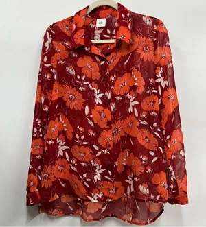 Cabi size M hot house red Orange blouse sheer floral button up long sleeve top thumbnail 1