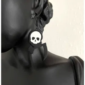 Grim Reaper Scythe Dangle Earrings Goth Spooky Halloween Skull Jewelry thumbnail 3