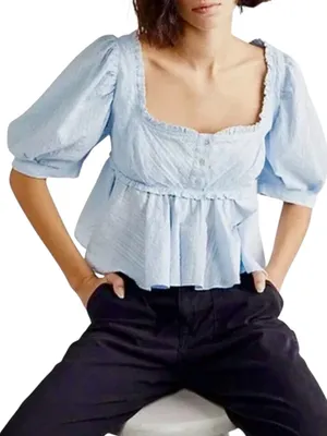 Free People Leave It To Me Baby Blue Puff Sleeve Square Neck Babydoll Top SMALL thumbnail 1