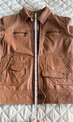 Vintage Naf Naf Cognac Genuine Sheepskin Leather Zip front Jacket Women’s L M thumbnail 5