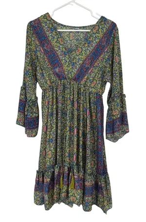 Boho Floral Silky V Neck Bell Sleeve Tiered Mini Dress Hippie Tassel‎ Festival thumbnail 1
