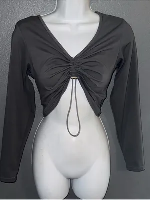 Buffbunny Women's Grey Long Sleeve Ruched Crop Athletic Top Medium thumbnail 4