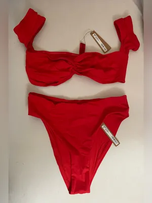 Skims 2Pc SET Twisted Off-Shoulder Bikini Top & Mid Waist Bottoms Ruby Red M thumbnail 3