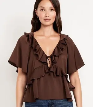 Old Navy Satin‎ Ruffle Tie Front Blouse Top Womens S Romantic Casual Chic Brown thumbnail 1