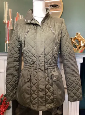 BCBGeneration Quilted Utility Jacket Women Small Olive Green Excellent Moto Zip‎ thumbnail 1