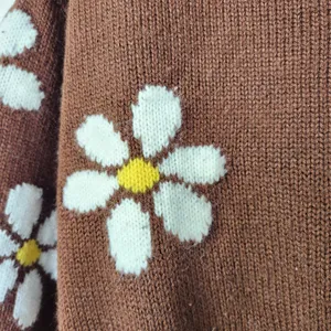 Just Polly New York Brown Daisy Floral Knit Frayed Hem Pullover Sweater Large thumbnail 5