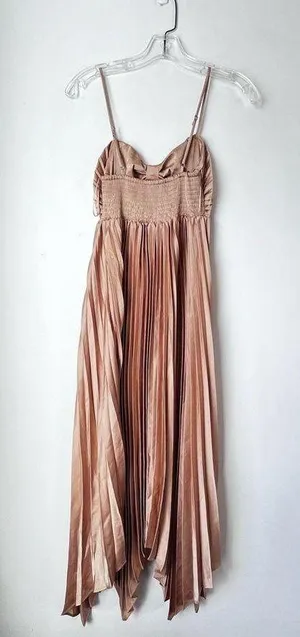 Petal & Pup Vikki Gold Satin Pleated Asymmetrical Hem Midi Dress 2 thumbnail 12