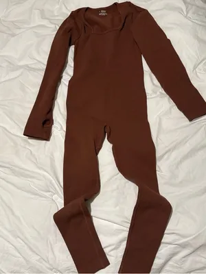 Brown Ribbed Long Sleeve Jumpsuit thumbnail 1