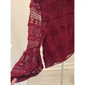 INA Sheer Lace Victorian Ruffle Mock Neck Blouse Top XS Women Maroon thumbnail 2