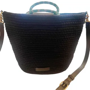 Elizabeth and James Drawstring Black Bucket Bag Purse With Beaded‎ Round Handles thumbnail 1