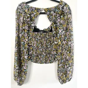 Free People Mabel Floral Printed‎ Ruched Smocked Crop Top Long Sleeve Blouse S thumbnail 11
