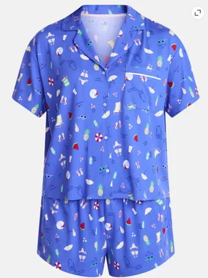 Blue Women's Short-Sleeve Pajama Top and Shorts Set with Summer Time Print thumbnail 5